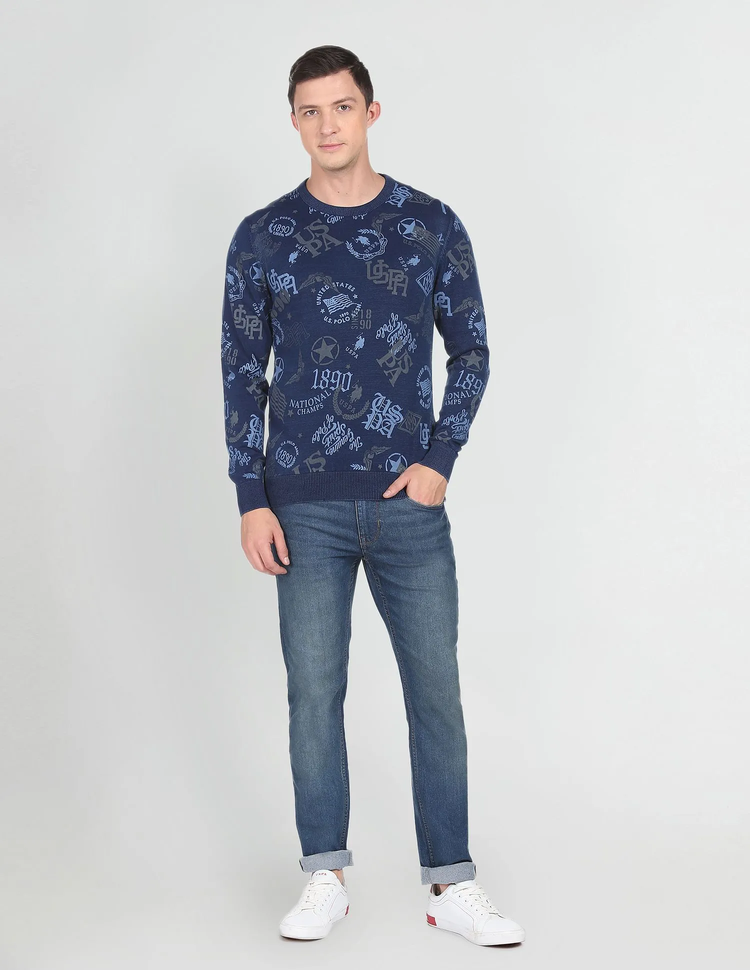 Heathered Brand Print Cotton Sweater