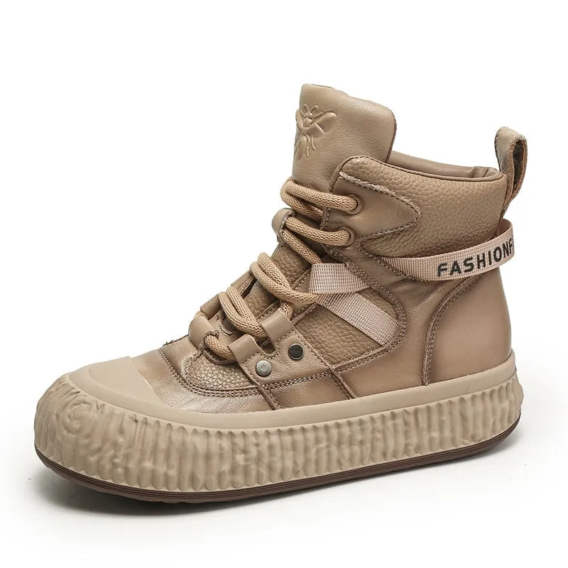 High-top Lace Up 40mm Leather Platform Sneakers for Women in Beige/Black/Brown