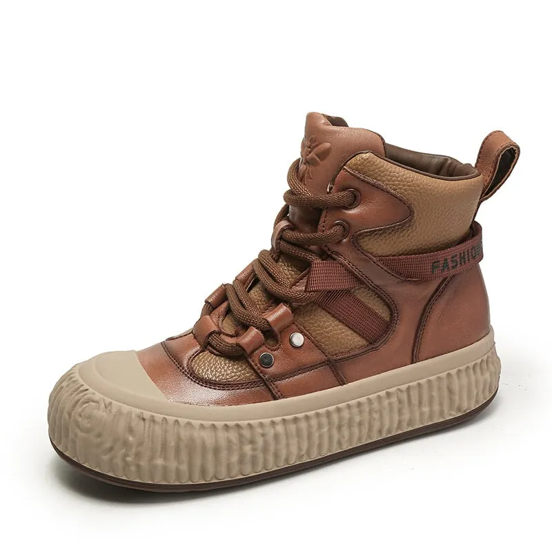 High-top Lace Up 40mm Leather Platform Sneakers for Women in Beige/Black/Brown