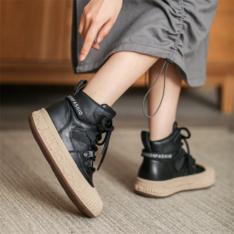 High-top Lace Up 40mm Leather Platform Sneakers for Women in Beige/Black/Brown