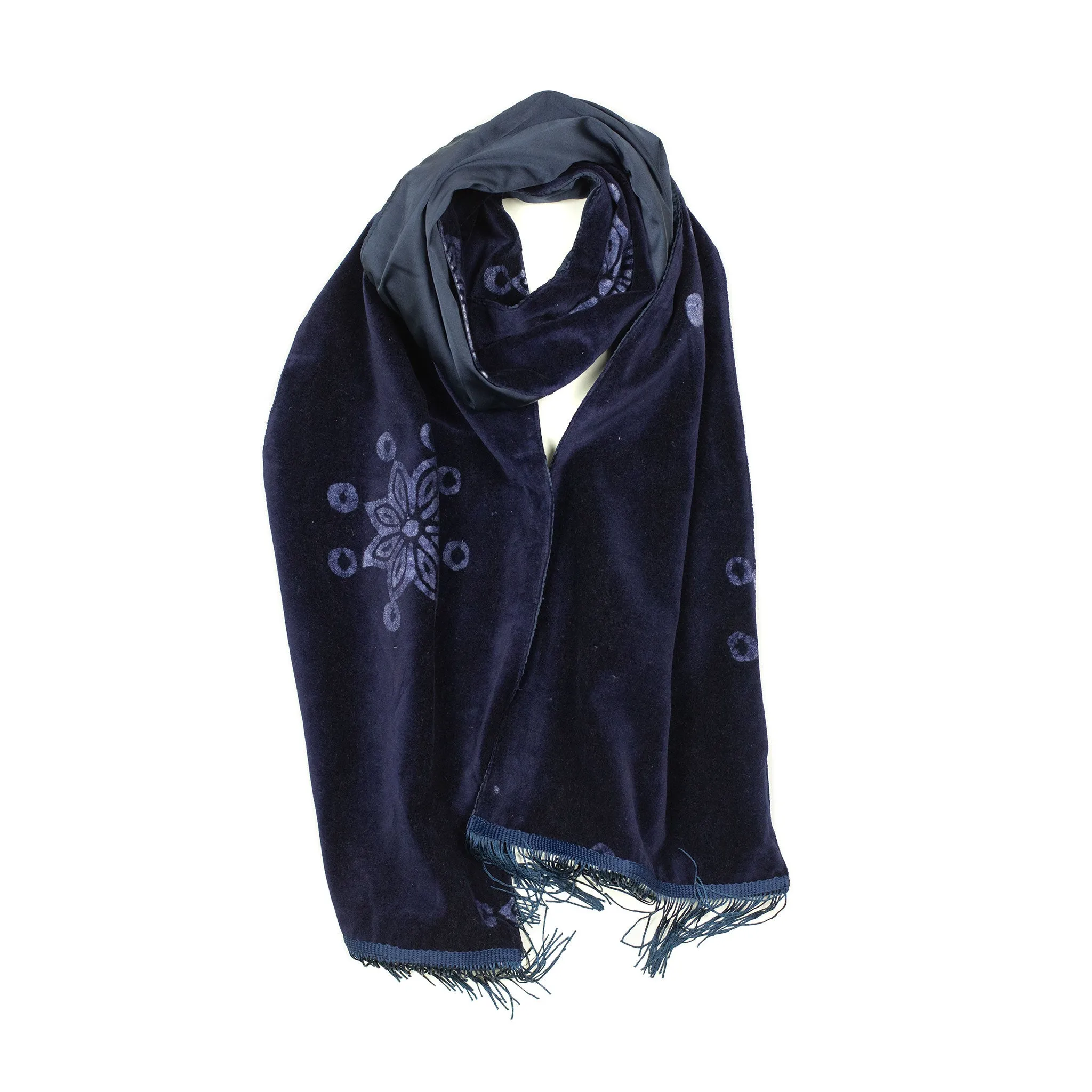 Ife scarf in solar system print indigo cotton velvet and silk