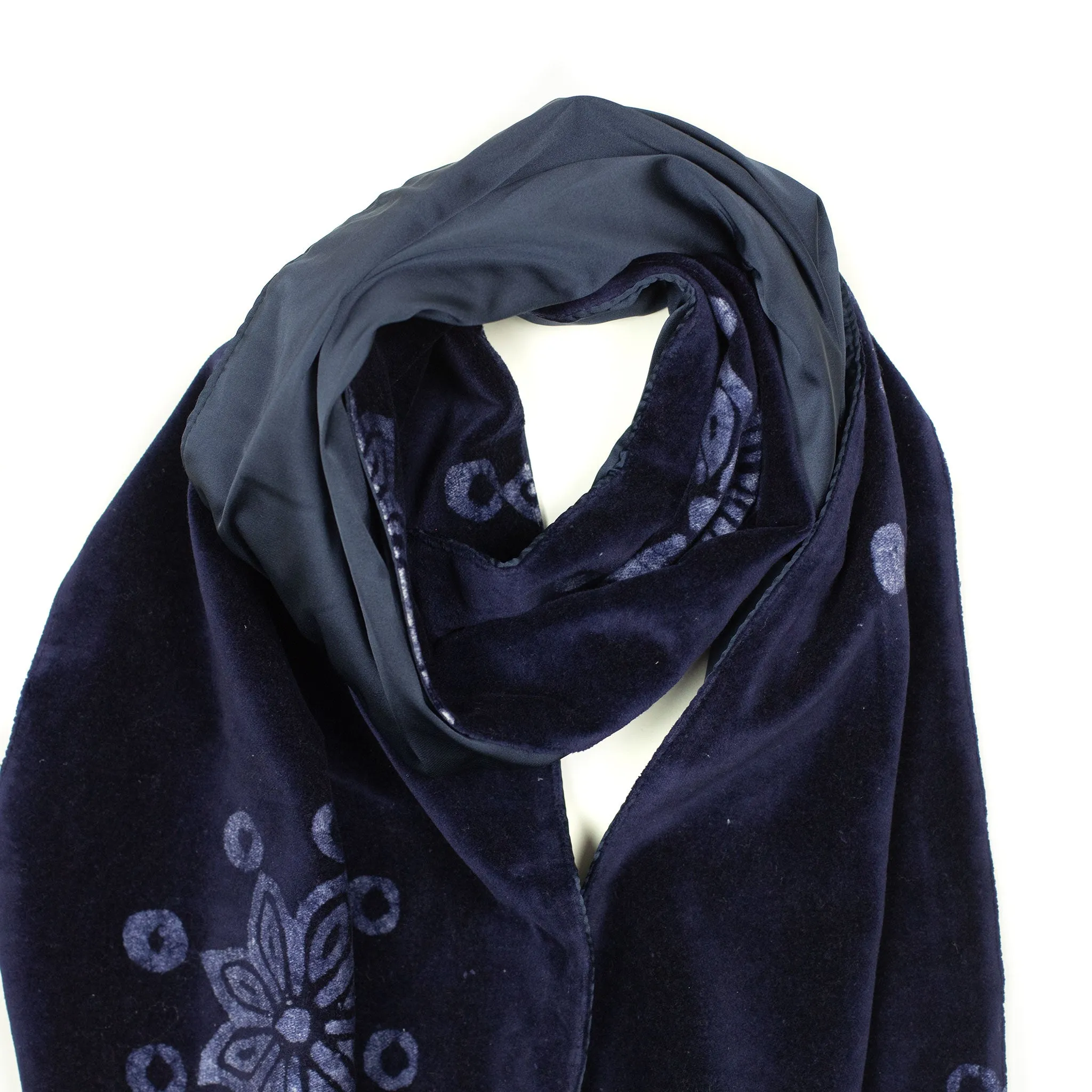 Ife scarf in solar system print indigo cotton velvet and silk