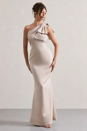 Lady | Robe longue asymétrique en satin champagne avec nud