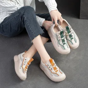 Leather and Mesh Low-top Sneakers for Women Lace up in Green/Orange