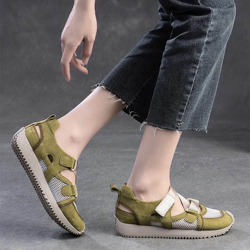 Leather Colorblocking Casual Velcro Sneakers for Women Lace up in Beige/Green/Red