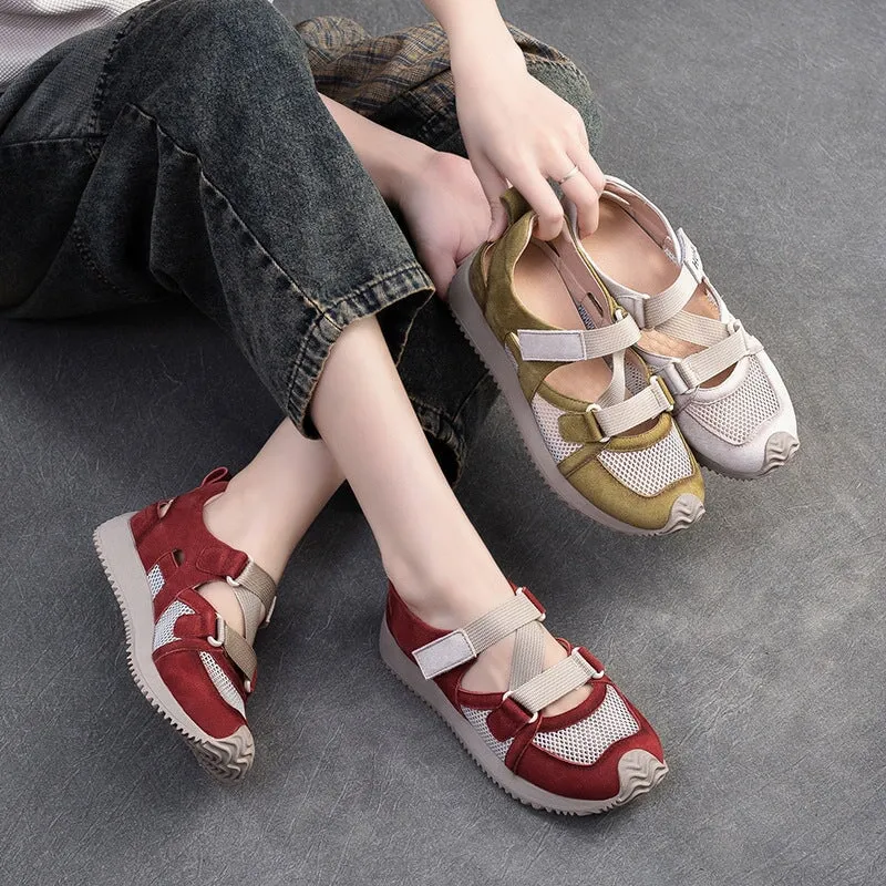 Leather Colorblocking Casual Velcro Sneakers for Women Lace up in Beige/Green/Red