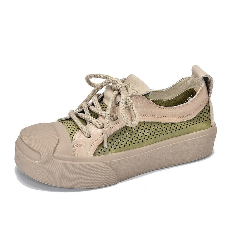 Leather Flatform Low-top Sneakers for Women Travel Perforated in Orange/Green/Purple