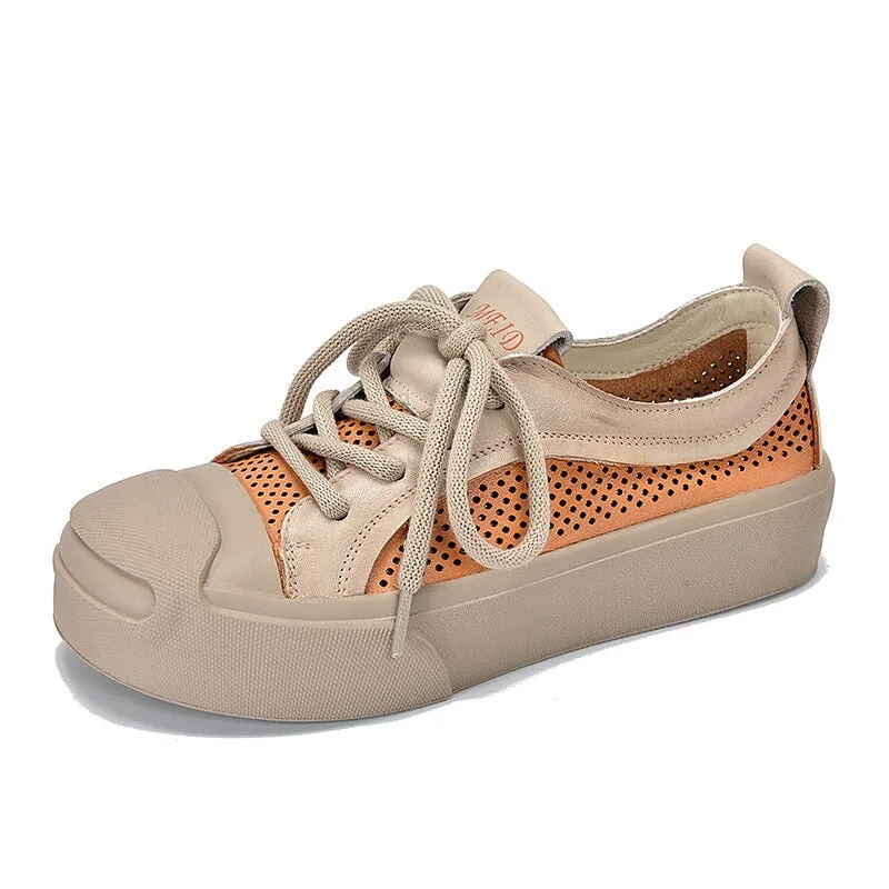 Leather Flatform Low-top Sneakers for Women Travel Perforated in Orange/Green/Purple