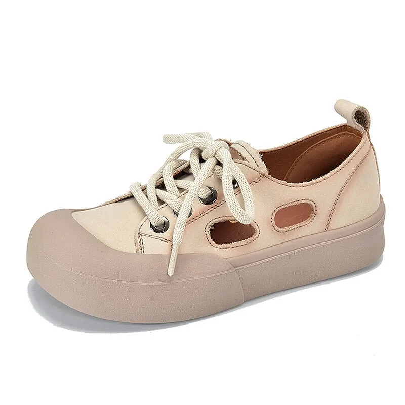 Leather Low-top Sneakers for Women Lace up and Cut Out  in Yellow/Red/Beige