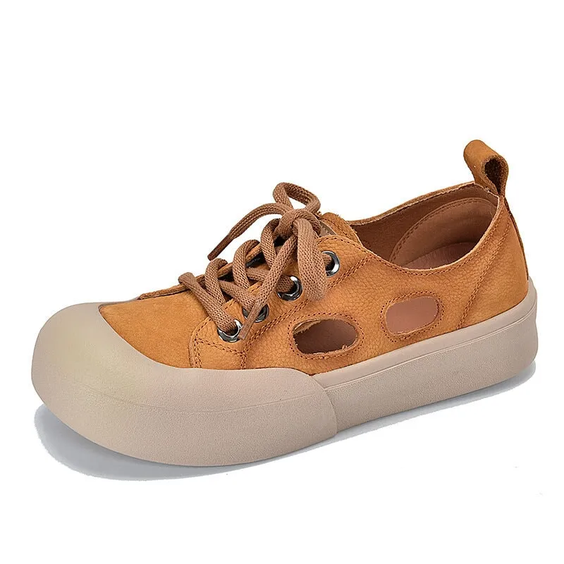 Leather Low-top Sneakers for Women Lace up and Cut Out  in Yellow/Red/Beige