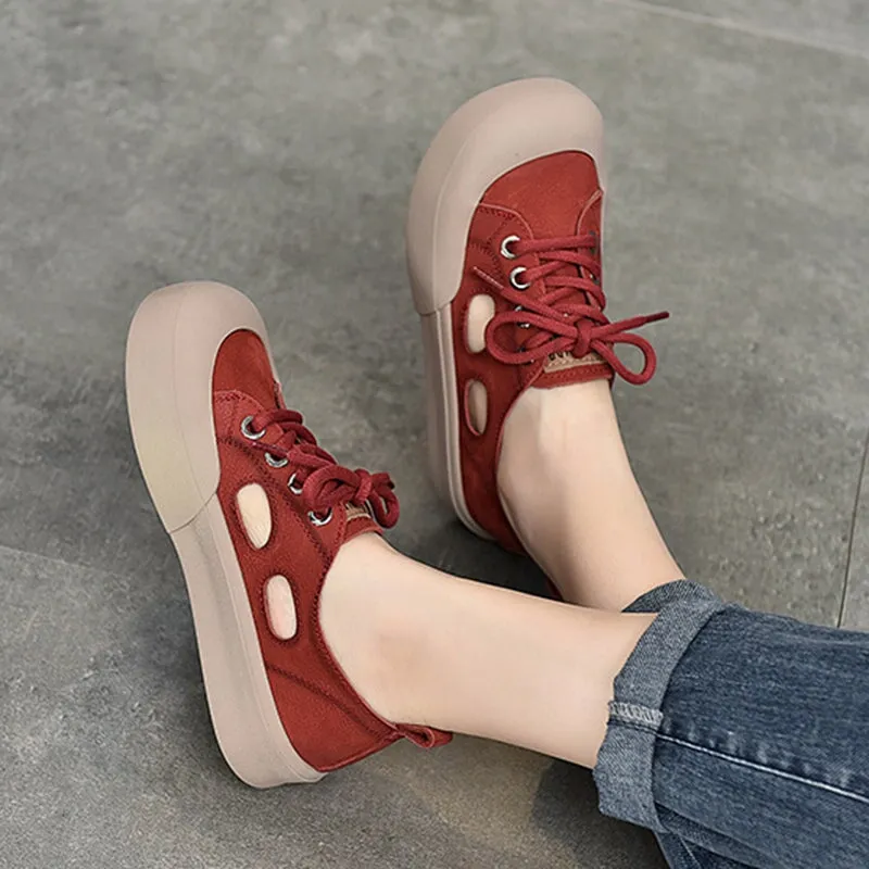 Leather Low-top Sneakers for Women Lace up and Cut Out  in Yellow/Red/Beige