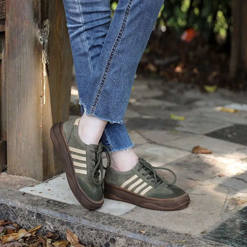 Leather Platform Sneakers for Women Low-top Lace Up in Grey/Green