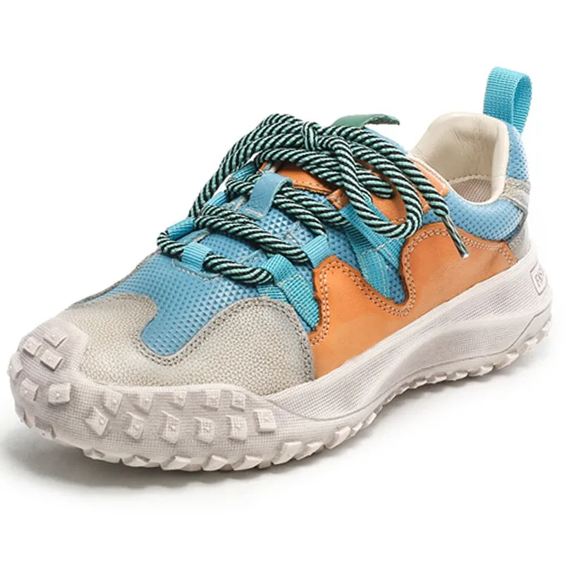 Leather Platform Sneakers for Women Tire-sole Low-top Lace Up Contrast Color in Blue/Beige