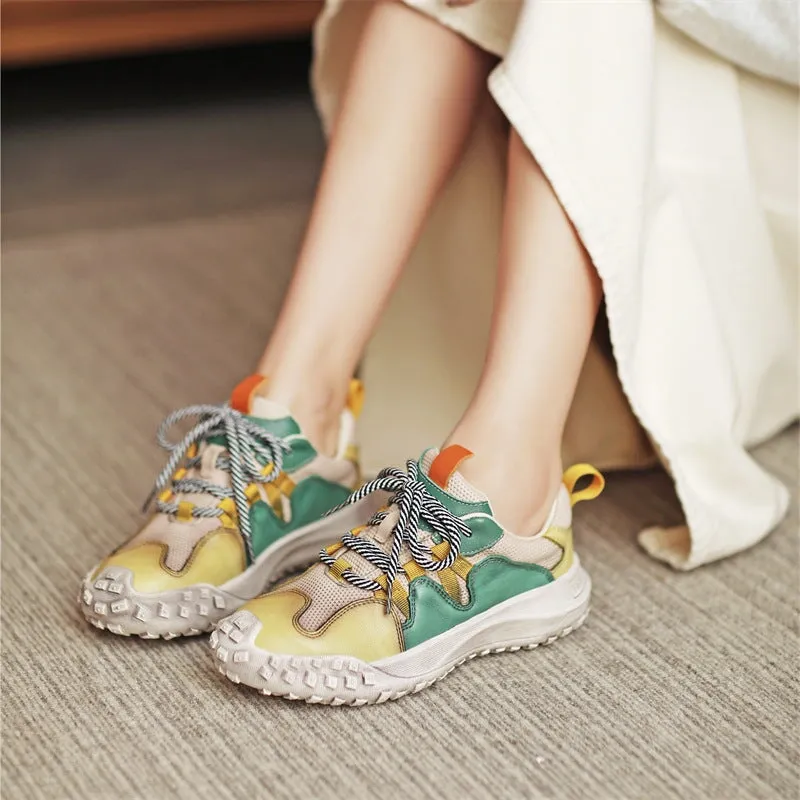 Leather Platform Sneakers for Women Tire-sole Low-top Lace Up Contrast Color in Blue/Beige