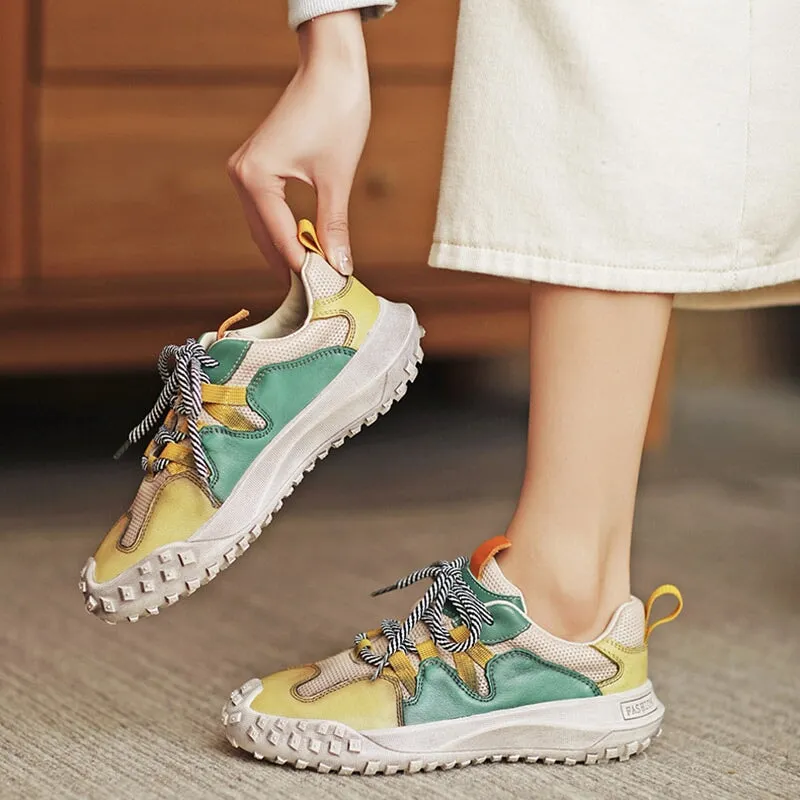 Leather Platform Sneakers for Women Tire-sole Low-top Lace Up Contrast Color in Blue/Beige