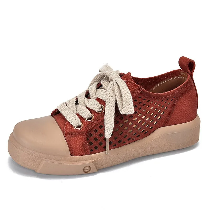 Leather Rubber Toecap Low-top Sneakers for Women Perforated in Red/Yellow