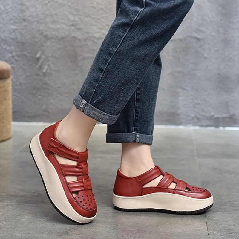 Leather Touch-strap Perforated Platform Sneakers for Women in Beige/Purple/Red