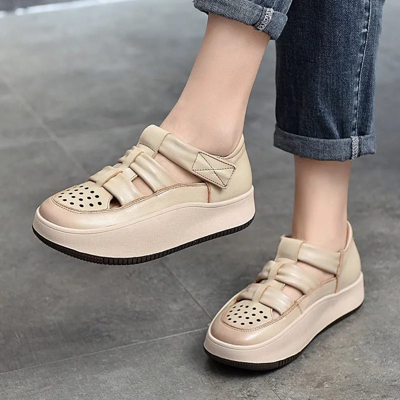 Leather Touch-strap Perforated Platform Sneakers for Women in Beige/Purple/Red