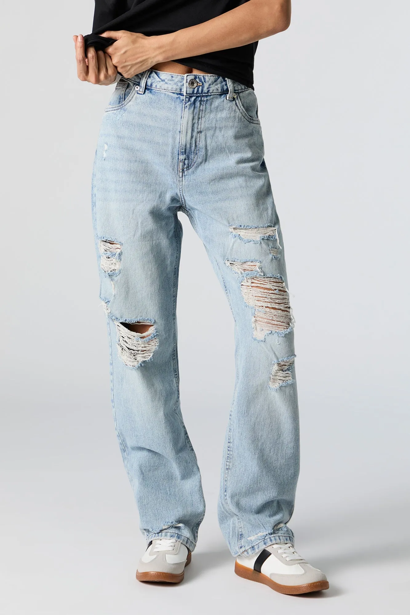 Light Wash High Rise Distressed Straight Leg Jean