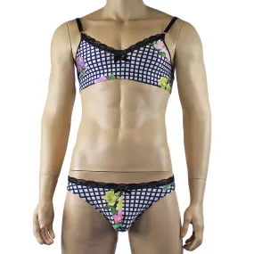 Mens Diana Bra Top & Brief in a Pretty Flower Checkered Print Spandex