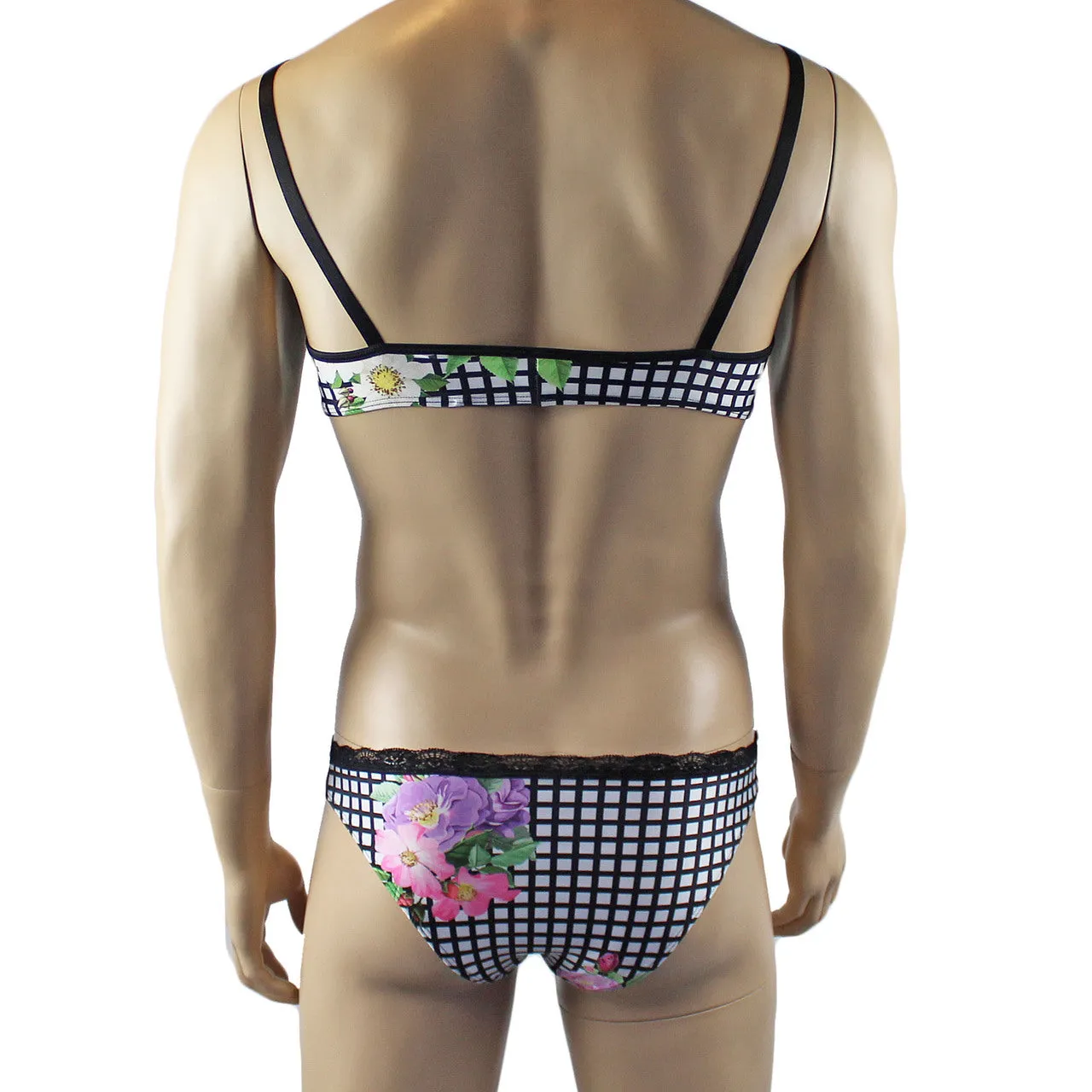 Mens Diana Bra Top & Brief in a Pretty Flower Checkered Print Spandex