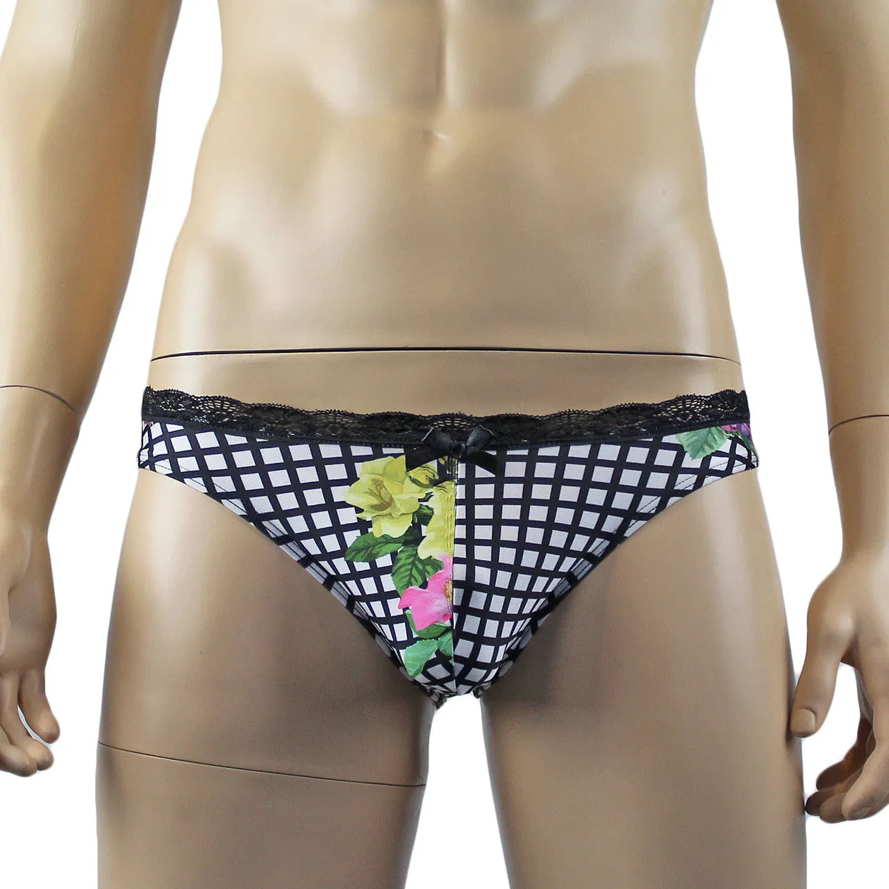 Mens Diana Bra Top & Brief in a Pretty Flower Checkered Print Spandex