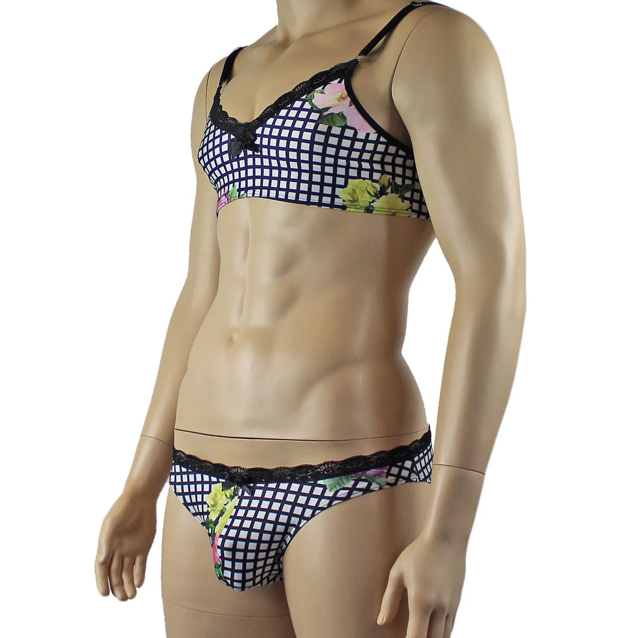 Mens Diana Bra Top & Brief in a Pretty Flower Checkered Print Spandex