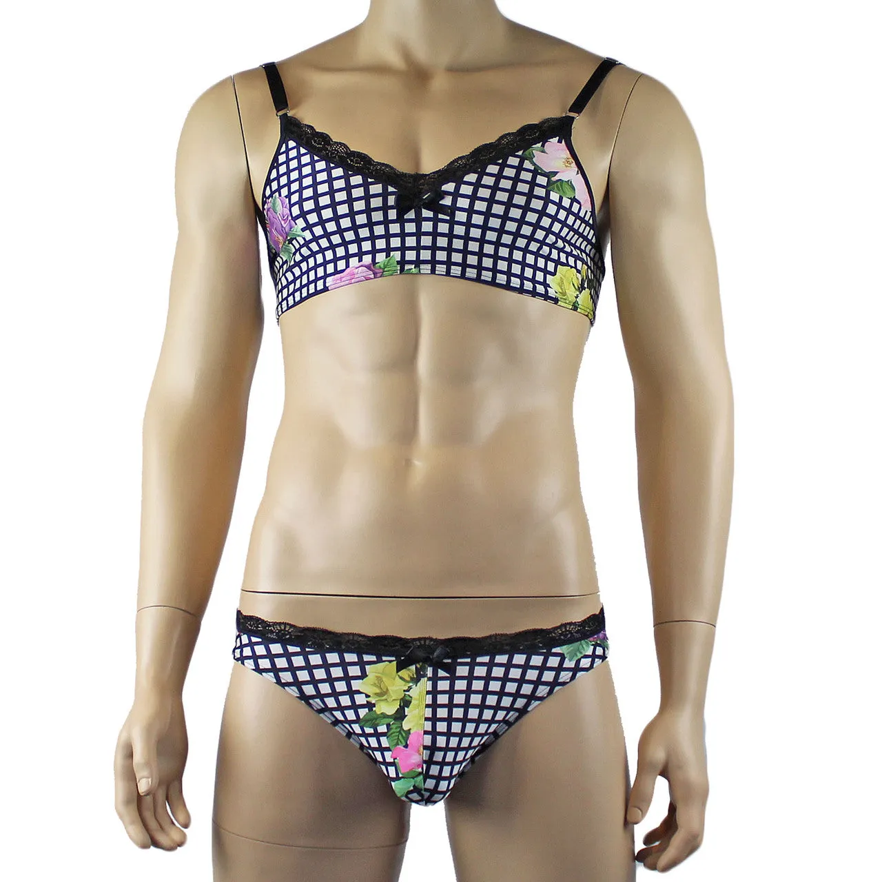 Mens Diana Bra Top & Brief in a Pretty Flower Checkered Print Spandex