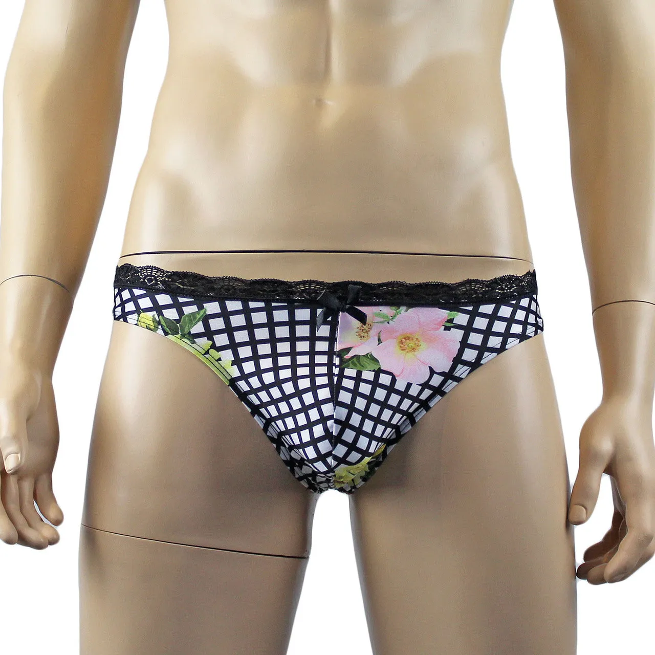 Mens Diana Bra Top & Thong in a Pretty Flower Checkered Print Spandex