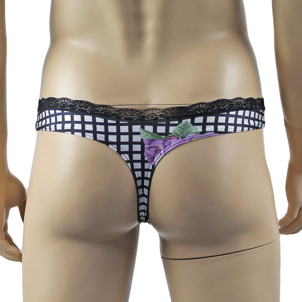 Mens Diana Bra Top & Thong in a Pretty Flower Checkered Print Spandex