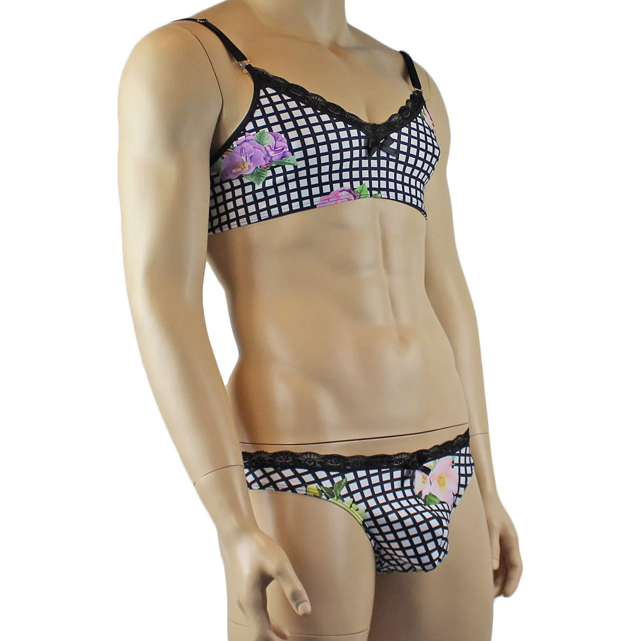 Mens Diana Bra Top & Thong in a Pretty Flower Checkered Print Spandex