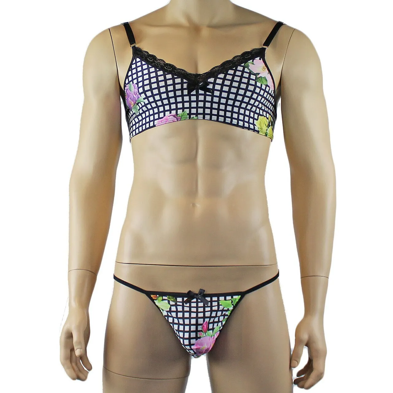 Mens Diana Bra Top , Garterbelt & G string in a Pretty Flower Checkered Print Spandex