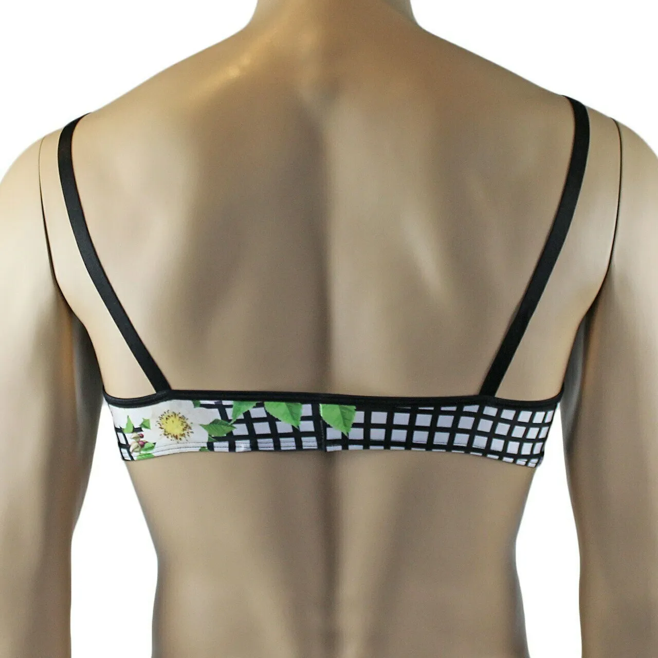 Mens Diana Bra Top , Garterbelt & G string in a Pretty Flower Checkered Print Spandex