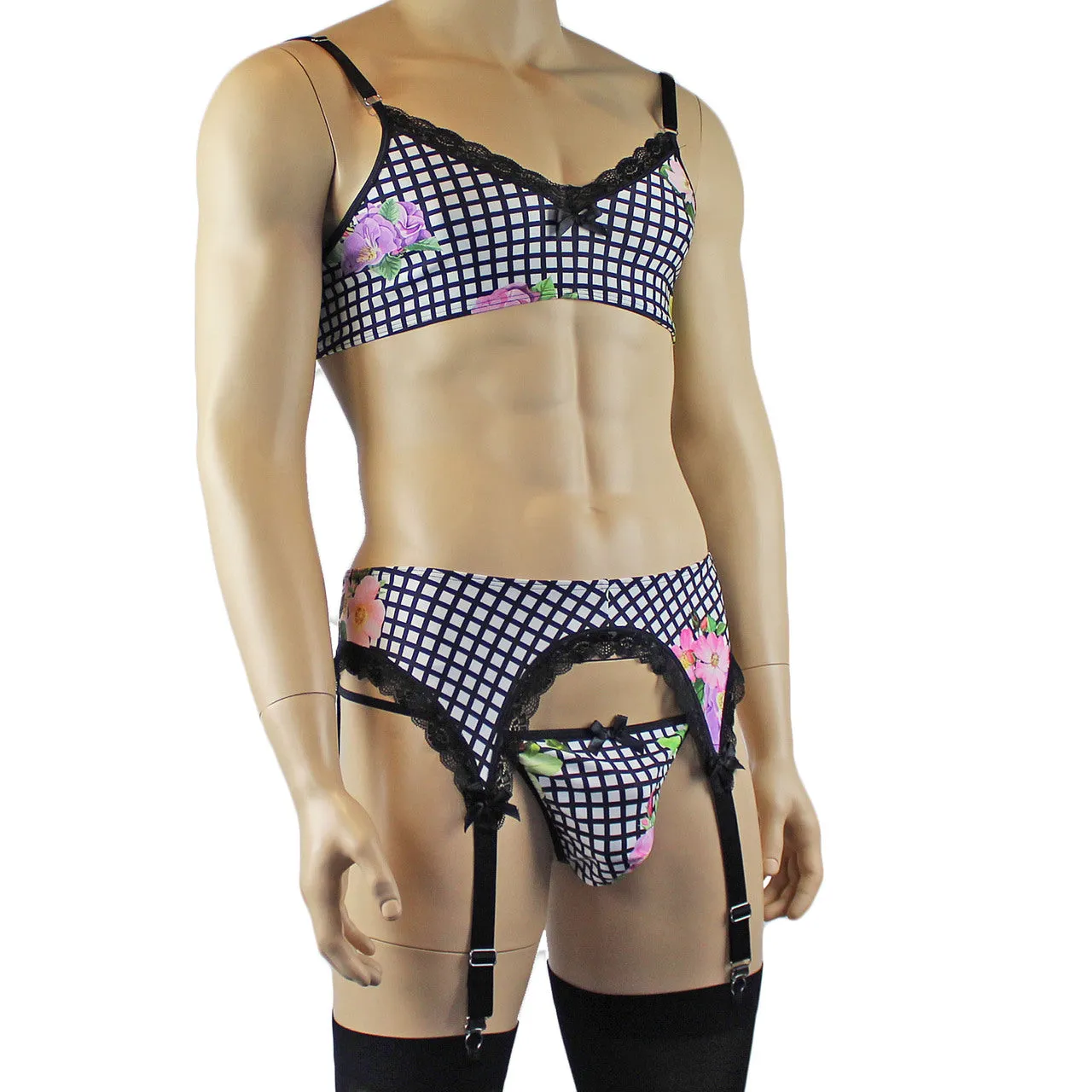 Mens Diana Bra Top , Garterbelt & G string in a Pretty Flower Checkered Print Spandex