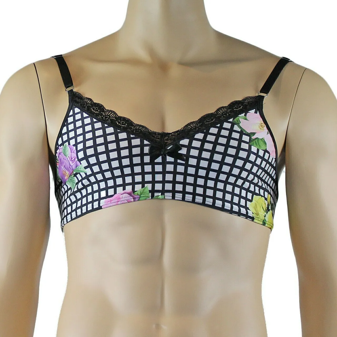 Mens Diana Bra Top , Garterbelt & G string in a Pretty Flower Checkered Print Spandex