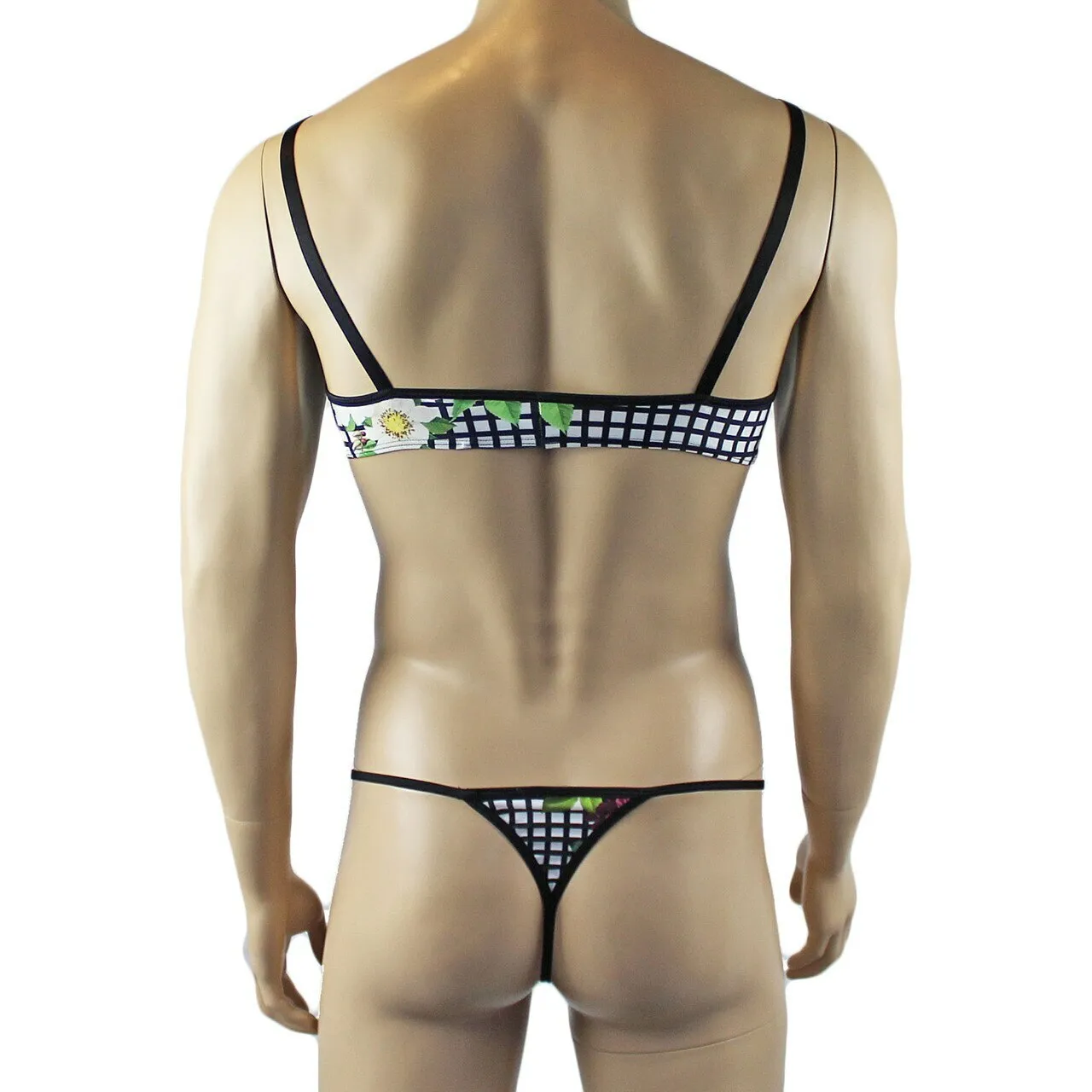 Mens Diana Bra Top , Garterbelt & G string in a Pretty Flower Checkered Print Spandex