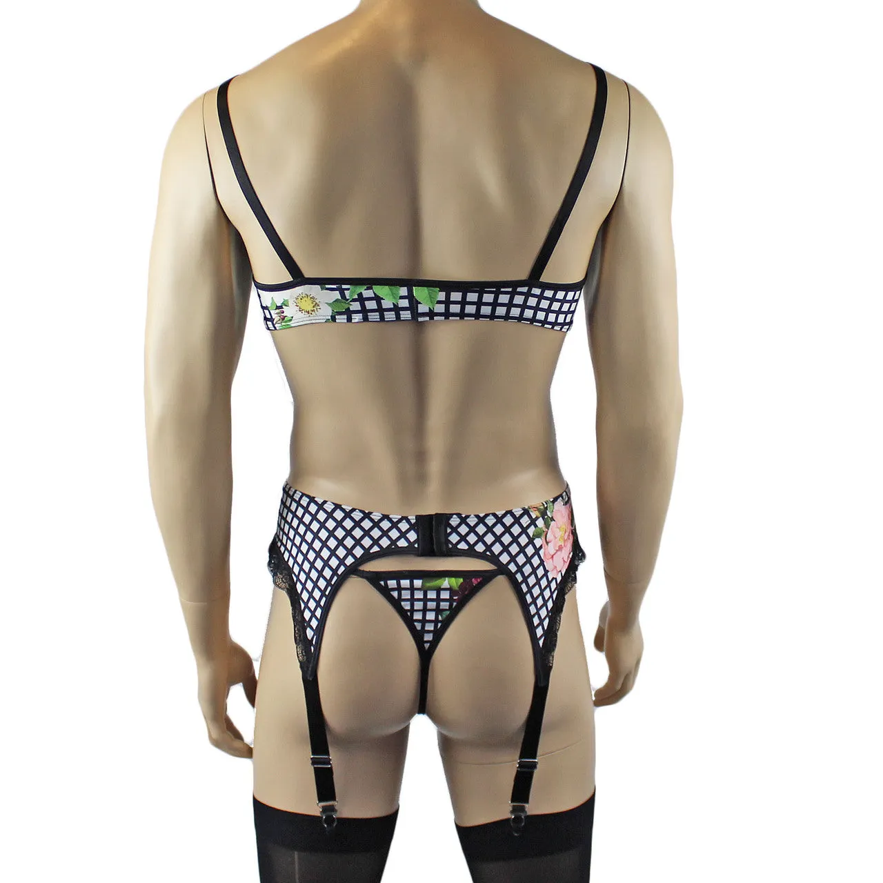 Mens Diana Bra Top , Garterbelt & G string in a Pretty Flower Checkered Print Spandex