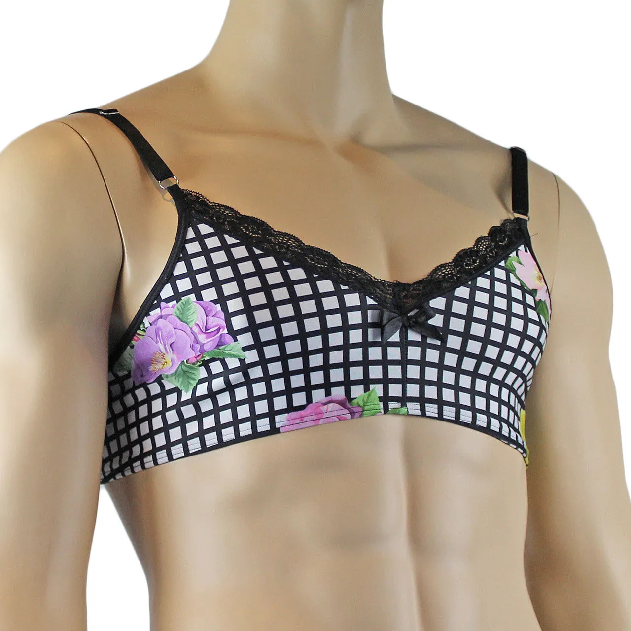 Mens Diana Bra Top in a Pretty Flower Checkered Print Spandex