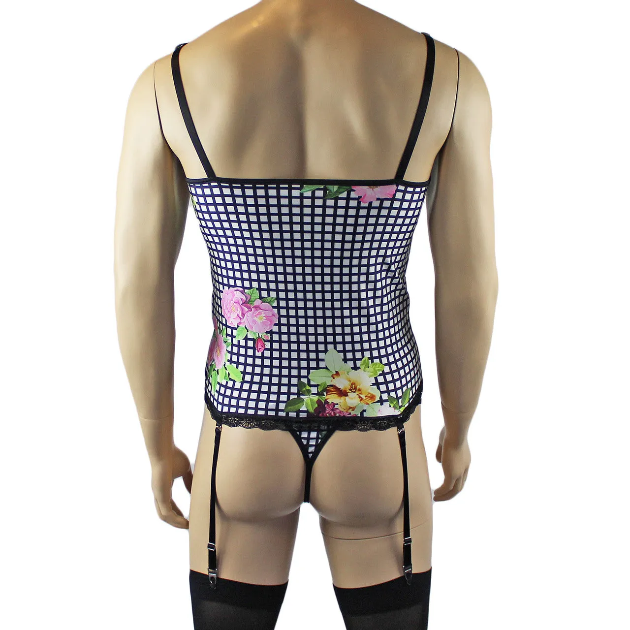 Mens Diana Camisole Corset Top & G string in a Pretty Flower Checkered Spandex