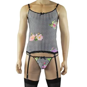 Mens Diana Camisole Corset Top & G string in a Pretty Flower Checkered Spandex