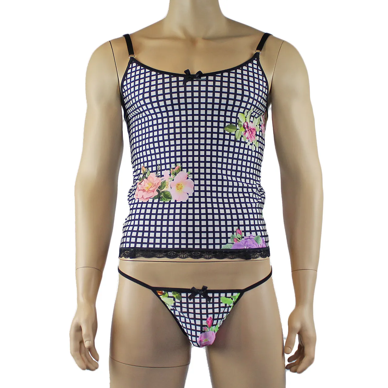 Mens Diana Camisole Corset Top & G string in a Pretty Flower Checkered Spandex