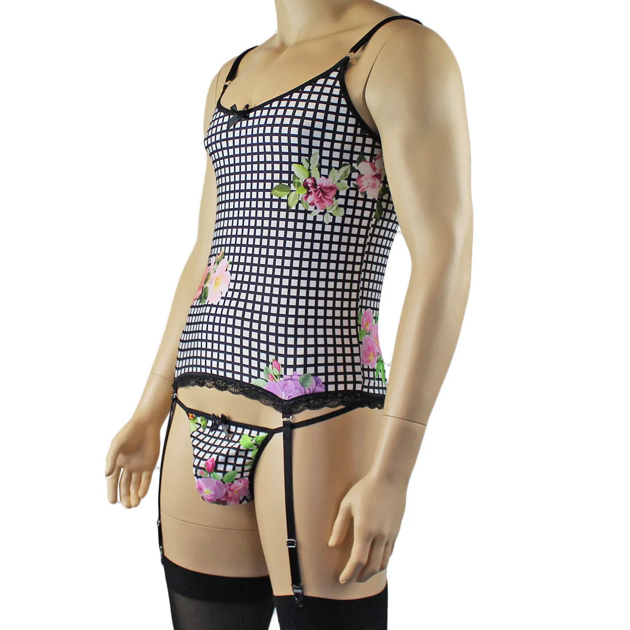 Mens Diana Camisole Corset Top & G string in a Pretty Flower Checkered Spandex