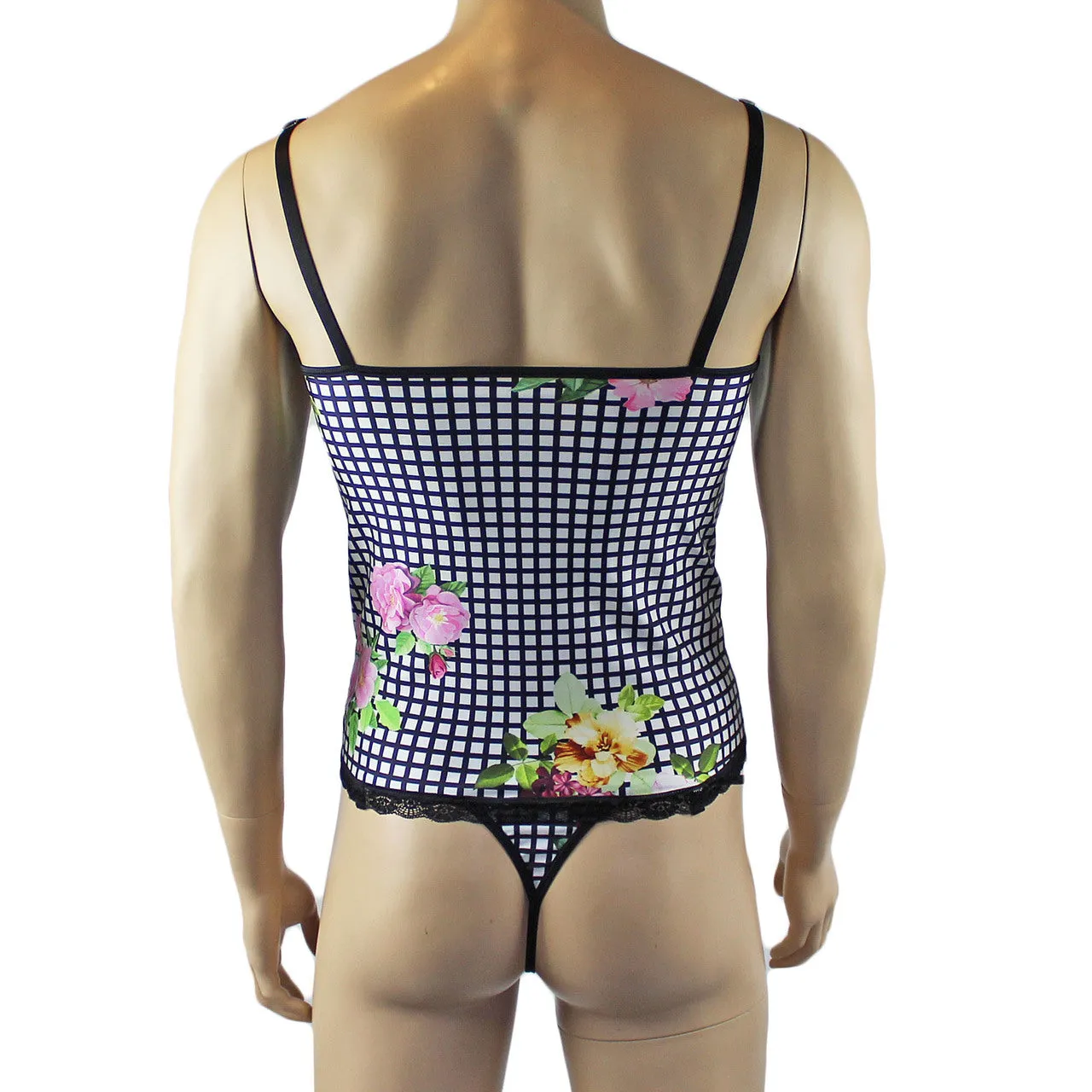 Mens Diana Camisole Corset Top & G string in a Pretty Flower Checkered Spandex