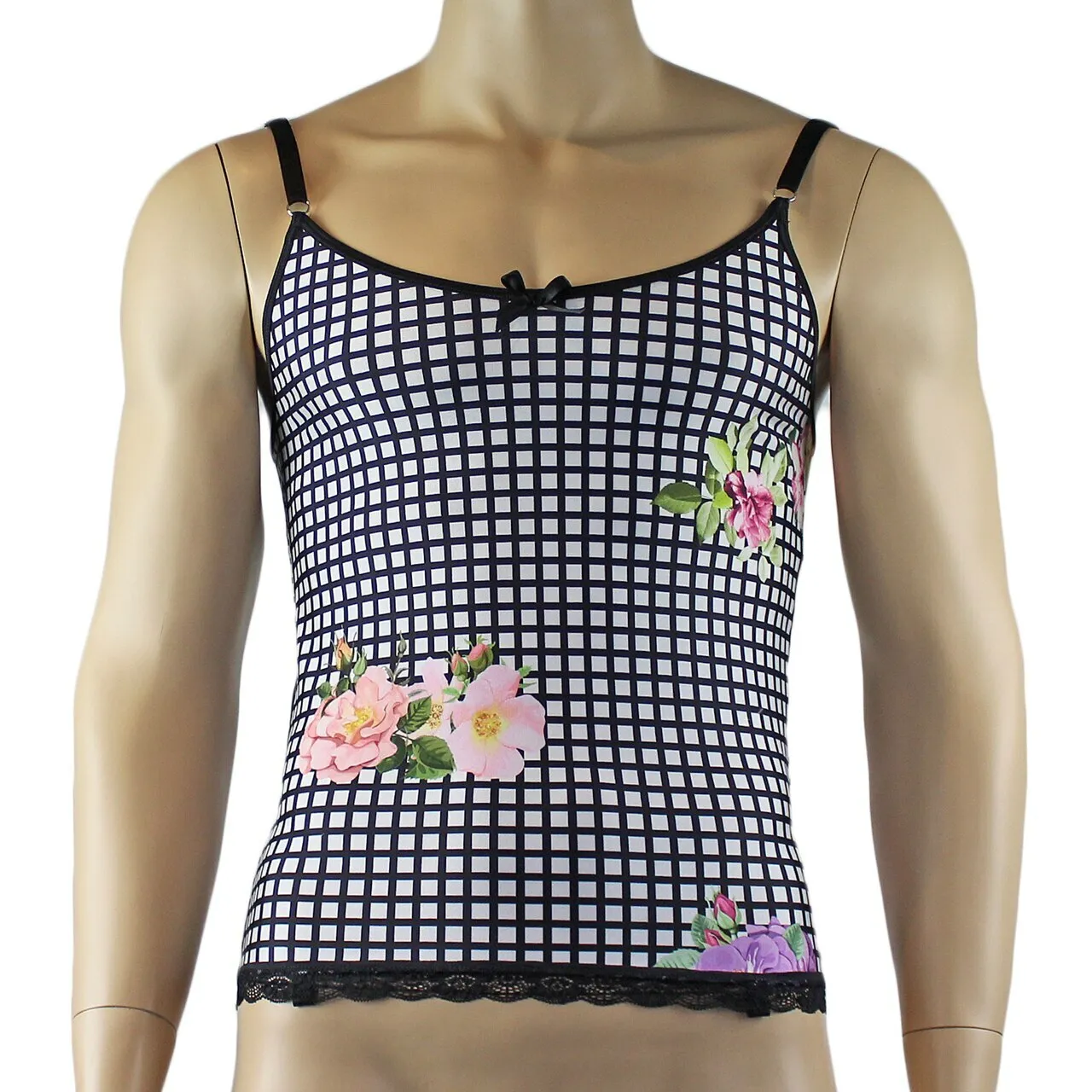 Mens Diana Camisole Corset Top & G string in a Pretty Flower Checkered Spandex