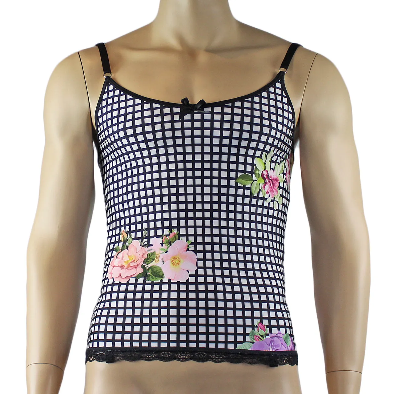 Mens Diana Long Cami Top & G string in a Pretty Flower Checkered Print Spandex