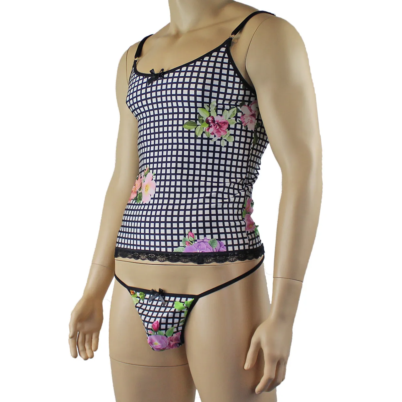 Mens Diana Long Cami Top & G string in a Pretty Flower Checkered Print Spandex