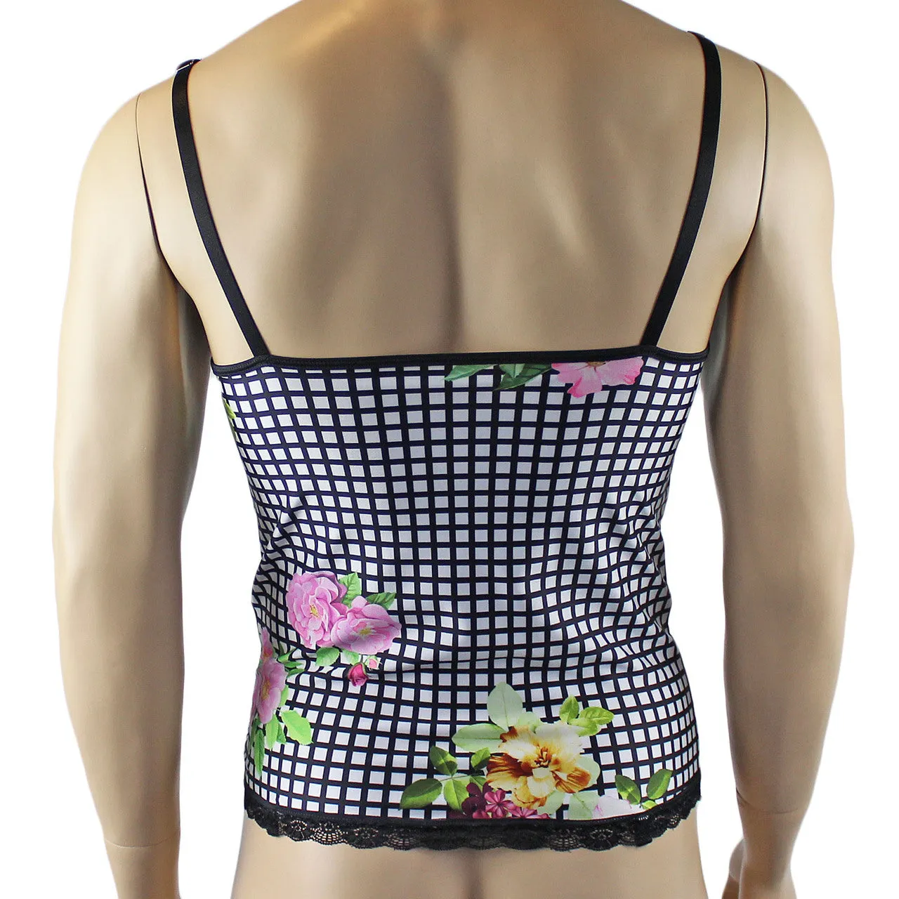 Mens Diana Long Cami Top & G string in a Pretty Flower Checkered Print Spandex