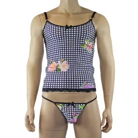 Mens Diana Long Cami Top & G string in a Pretty Flower Checkered Print Spandex