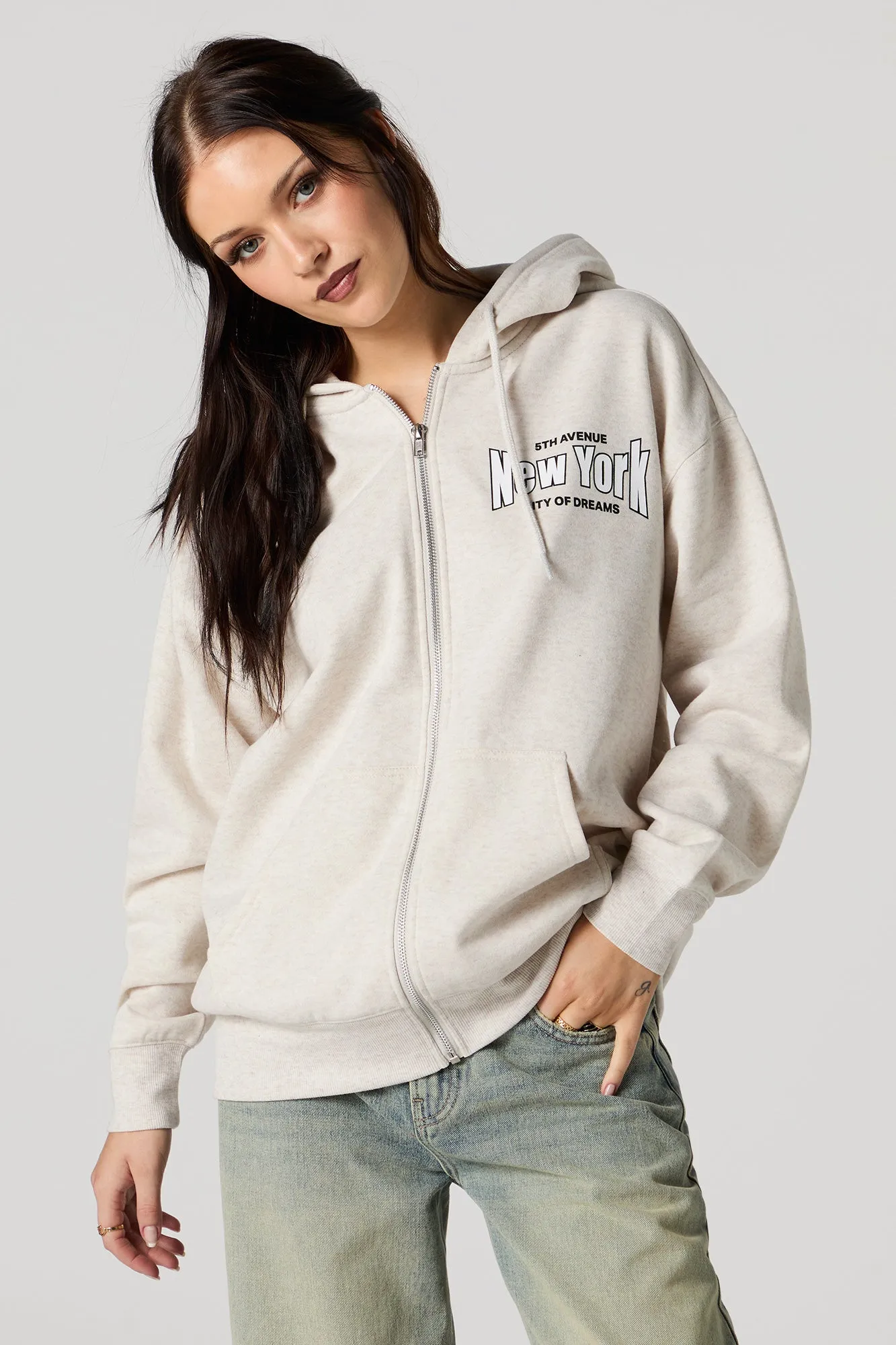 Oversized Puff Print Graphic Zip-Up Fleece Hoodie