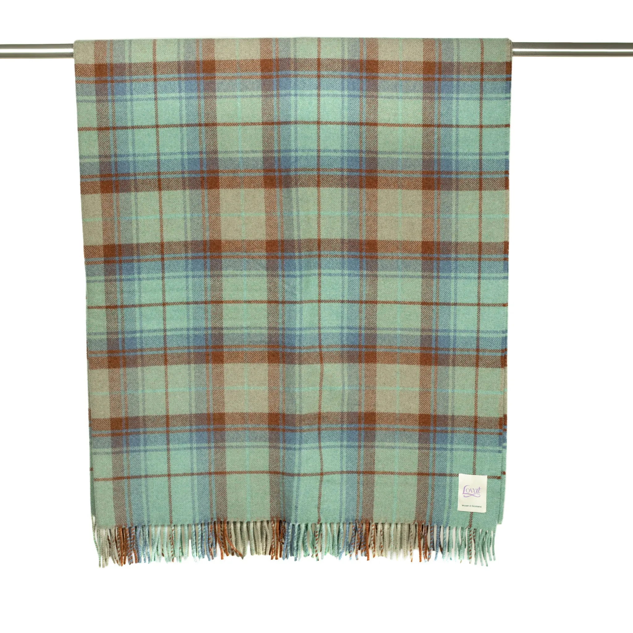 Pastel Plaid throw blanket in seafoam green and dark copper lambswool